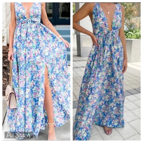 AAKAA Floral Print Maxi Dress Front Tie Sz S NEW - Picture 1 of 7
